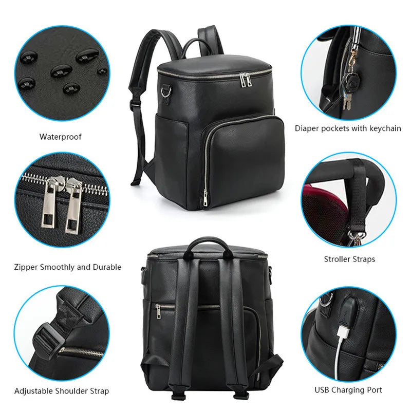 PU-Leder Wickelrucksack für Mamas – Große Kapazität, Multifunktionale Reisetasche mit Wickelunterlage & Kinderwagenhalter