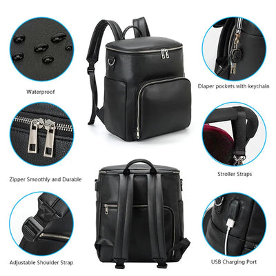 PU-Leder Wickelrucksack für Mamas – Große Kapazität, Multifunktionale Reisetasche mit Wickelunterlage & Kinderwagenhalter